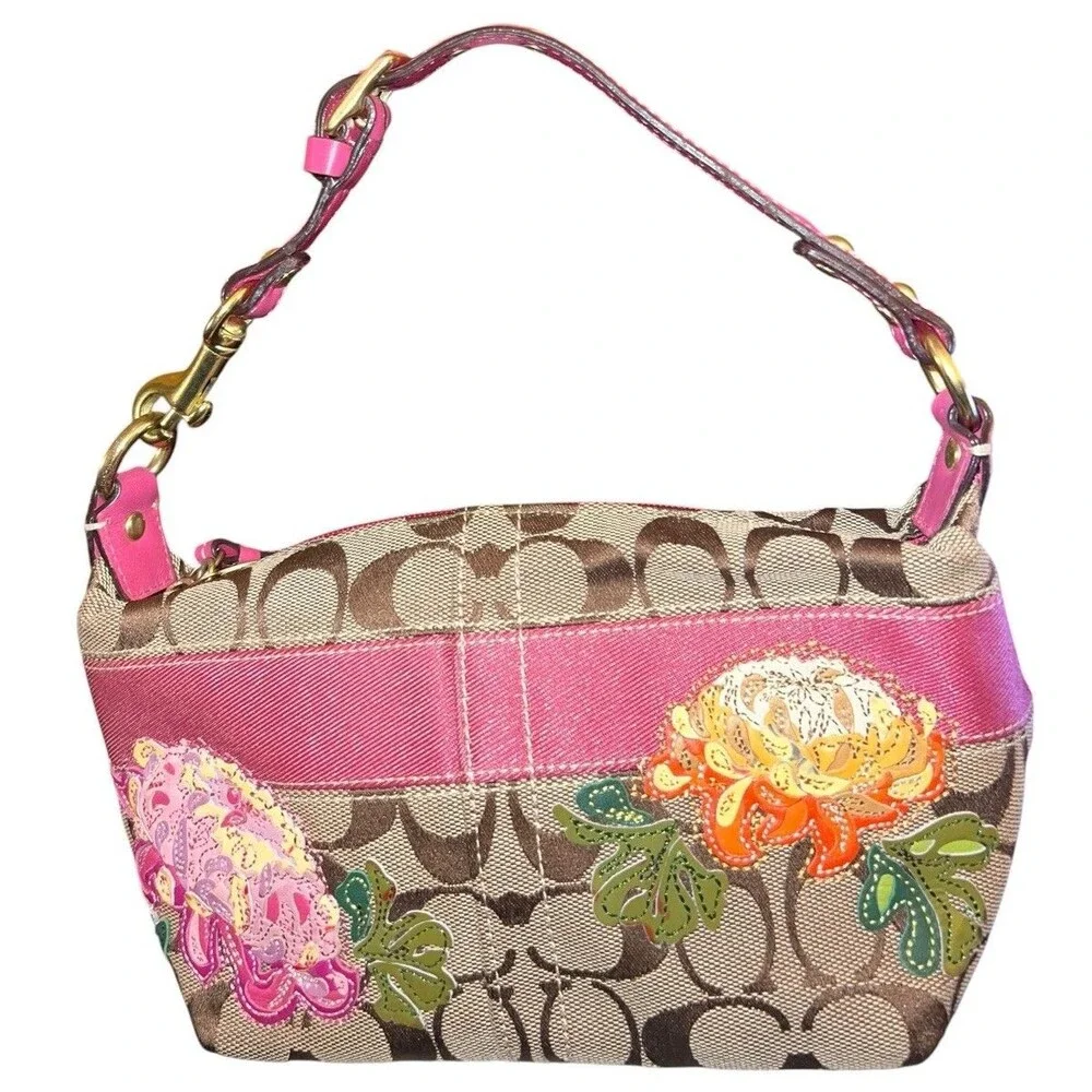 Coach Khaki Pink Signature C Rare Floral Appliqué Canvas Shoulder Bag 41420 Y2K